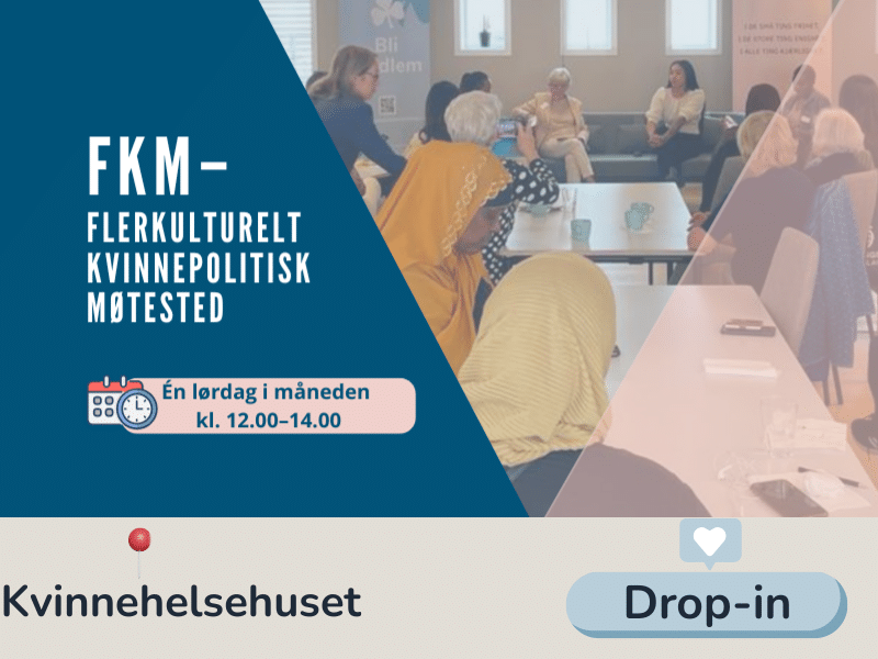 Bilde og grafikk til aktiviteten FKM, viser flere kvinner og teksten én lørdag i måneden.