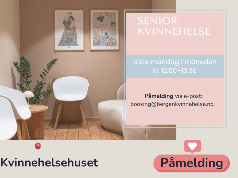Bilde og grafikk til aktiviteten Senior Kvinnehelse. Viser påmelding til e-post booking@bergenkvinnehelse.no.
