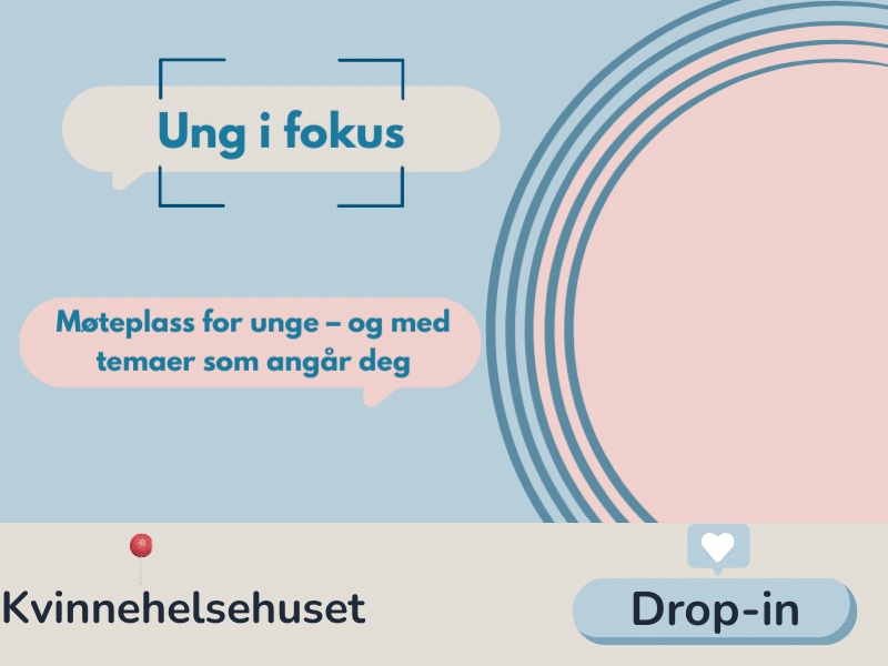 Grafikk til aktiviteten Ung i fokus, viser drop-in og sted er Kvinnehelsehuset.