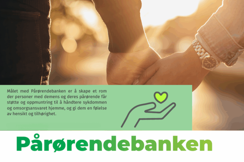 Bilde og grafikk til tilbudet Pårørendebanken. Viser to som holder hender og tekst Pårørendebanken.