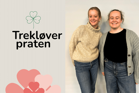 Bilde av praksistudenter og grafikk på siden med tekst Trekløverpraten