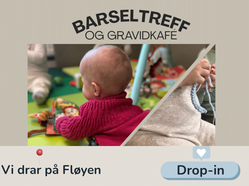 Bildet som inviterer til Barseltreff og gravidkafé. Denne gang drar vi på Fløyen.