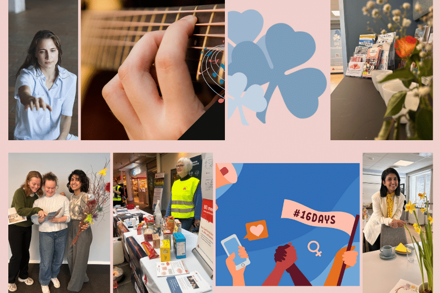 Bildecollage som viser ulike aktiviteter for Kvinnehelsehus Bergen, gjerne i samarbeid med andre.