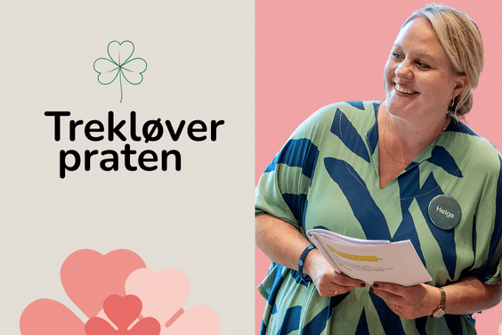 Grafikk og bilde som viser henholdsvis Trekløverpraten og bilde av Helga Anspach.