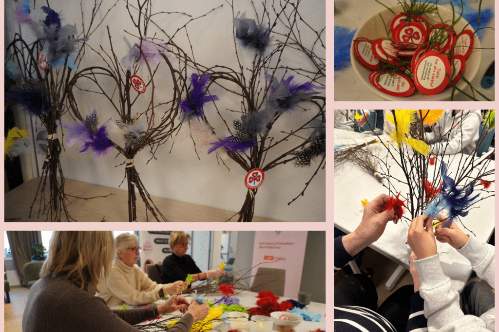 Bildecollage av fastelavnsris, frivillige som pynter fastelavnsris