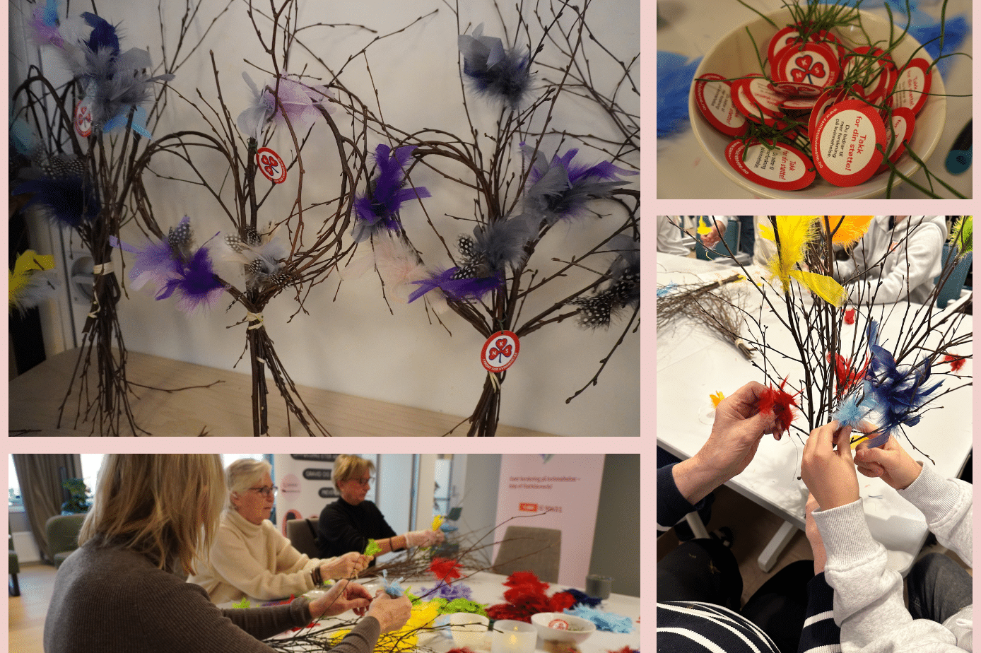 Bildecollage av fastelavnsris, frivillige som pynter fastelavnsris