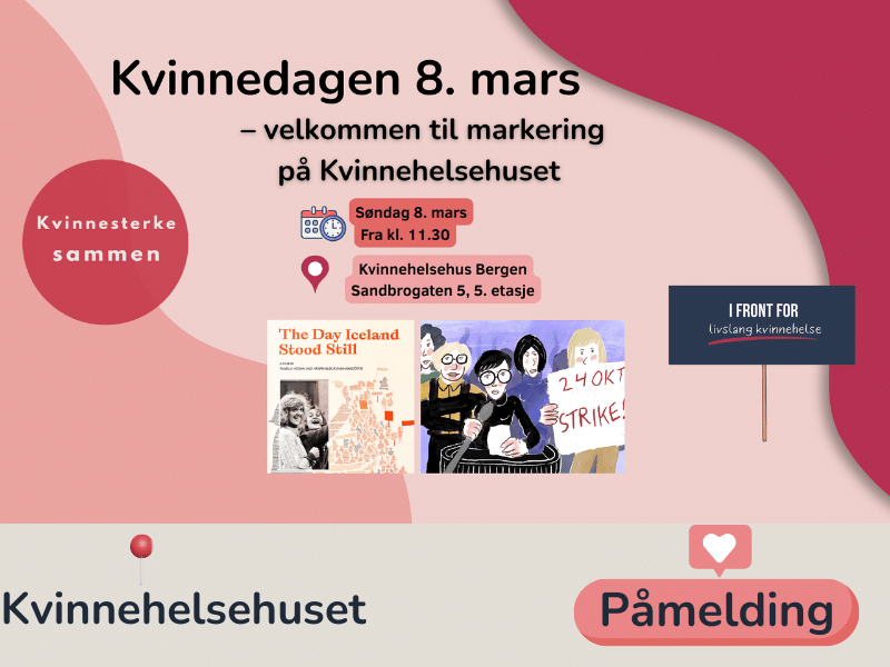 Grafikk som inviterer til markering med oss på kvinnedagen 8. mars. Påmelding