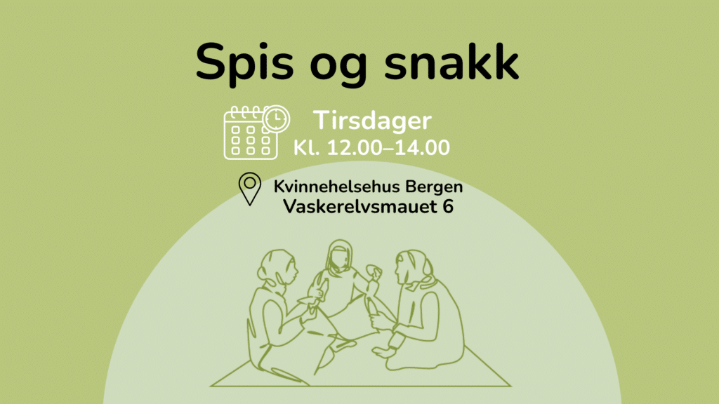 Grafikk til Spis og snakk som viser tidspunkt Tirsdager 12.00–14.00 på Kvinnehelsehus Bergen.