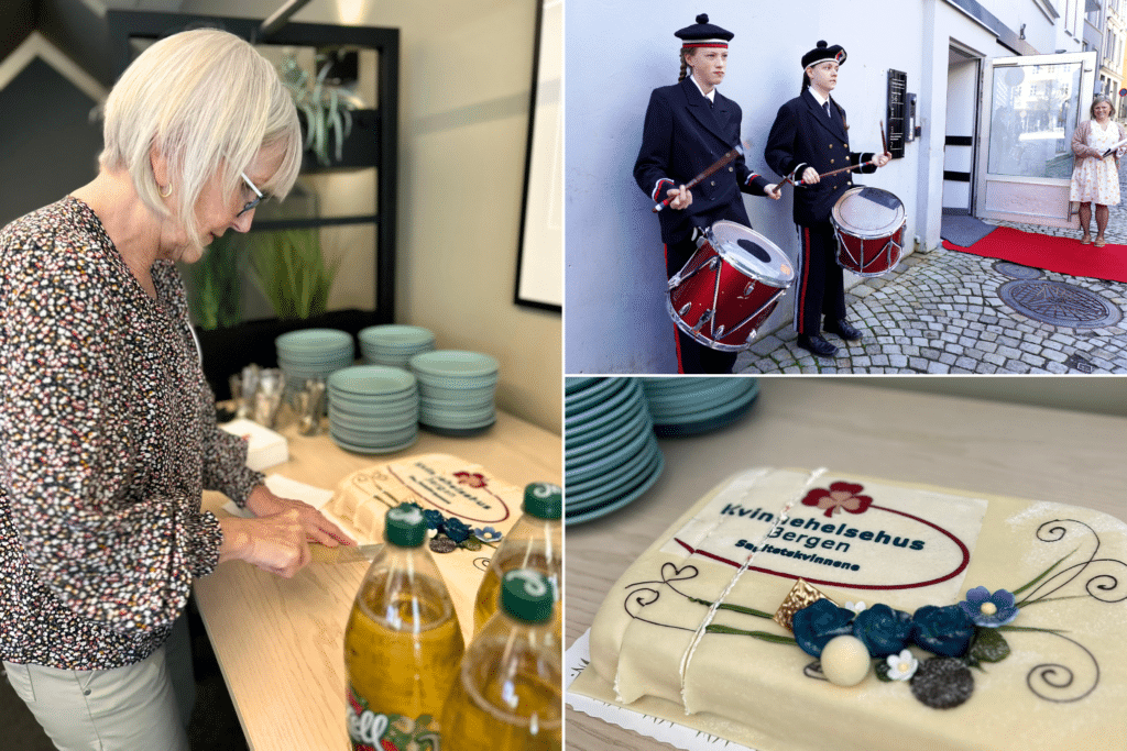 Bildet viser kake og to trommeslagere