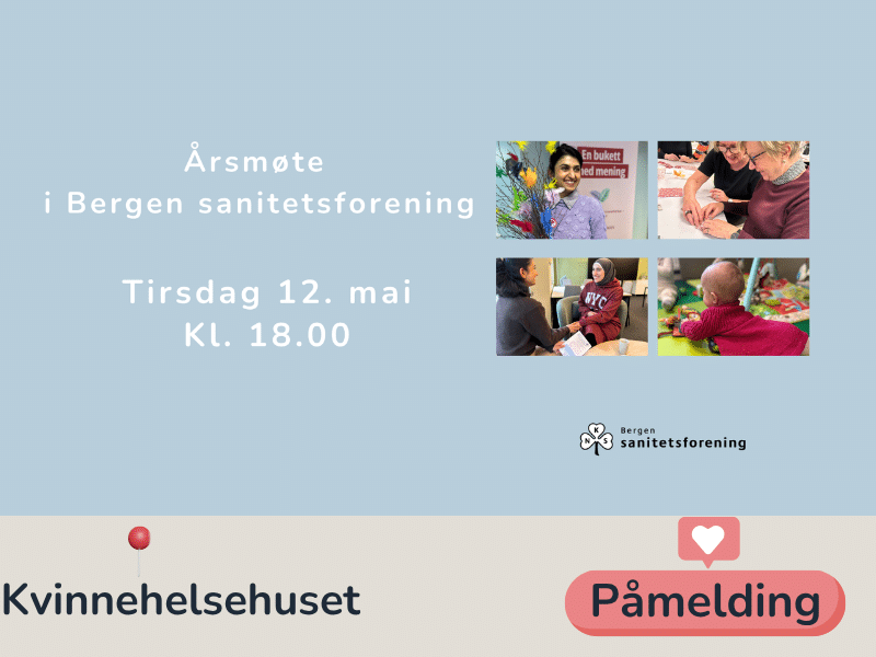 Grafikken viser årsmøte i Bergen sanitetsforening kl. 18.00–20.00 med påmelding.