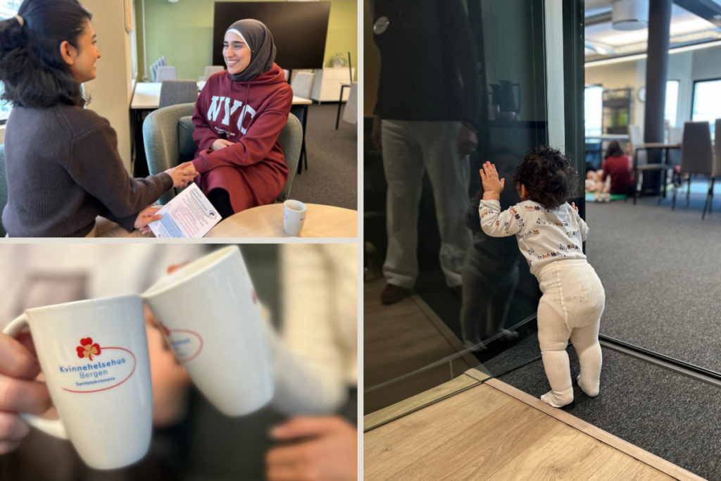 Bildecollage med ulike bilder fra Kvinnehelsehus Bergen: To kvinner i samtale, hender som holder kaffekopp, baby som står mot en glassdør.